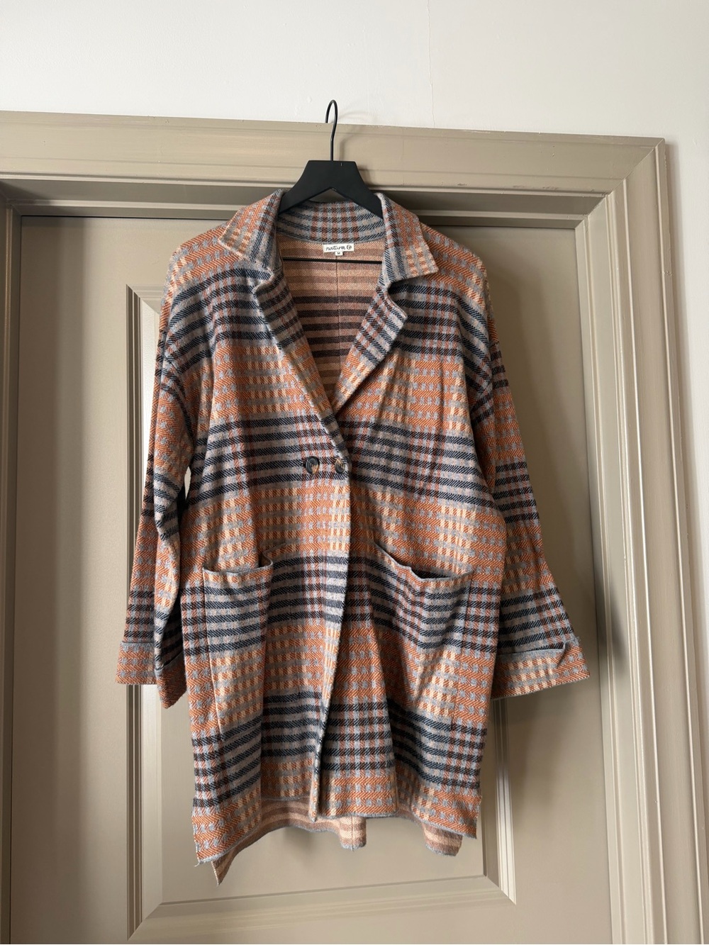 Plaid Long Coatigan in Orange and Gray by Mango